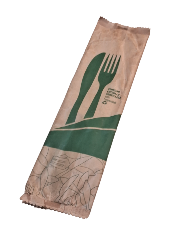 Set Cubiertos Compostables de Maíz - 1 Tenedor + 1 Cuchillo + Servilleta - Imagen 3