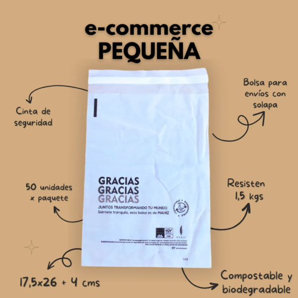 Bolsa compostable biodegradable de maíz ecolovers MAHIZ camiseta, mercado envio empaque ecommerce