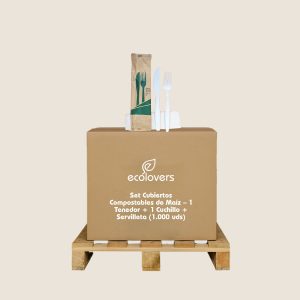 Set Cubiertos Compostables de Maíz - 1 Tenedor + 1 Cuchillo + Servilleta (1.000 uds)